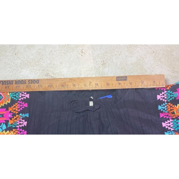 Black Embroidered Colorful Floral Flutter Sleeve Blouse Ruffle Neck Lightweight - Picture 4 of 8